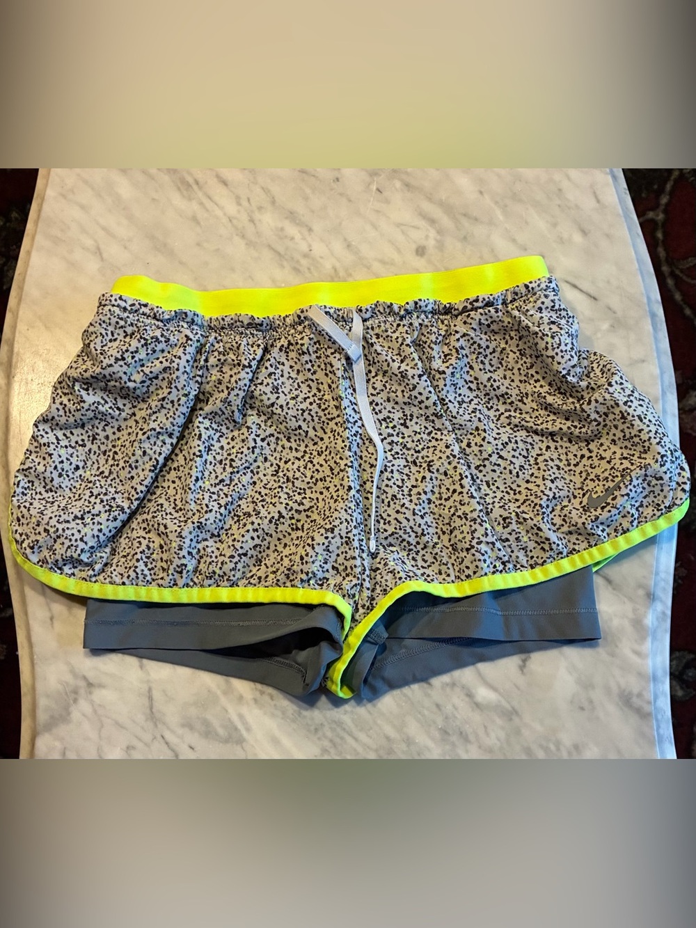 Nike Women’s Dri-Fit Gray Leopard Print Athletic Shorts with Neon Yellow Trim